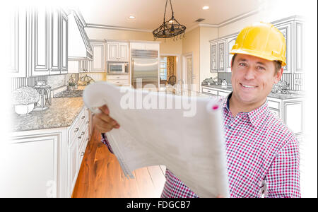 Entrepreneur Smiling Holding Blueprints sur Custom cuisine Dessin et Photo combinaison. Banque D'Images