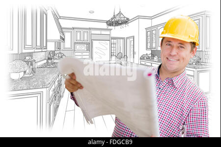 Entrepreneur Smiling Holding Blueprints sur Custom cuisine Dessin. Banque D'Images