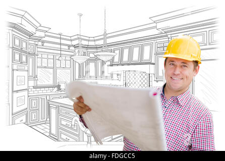 Entrepreneur Smiling Holding Blueprints sur Custom cuisine Dessin. Banque D'Images