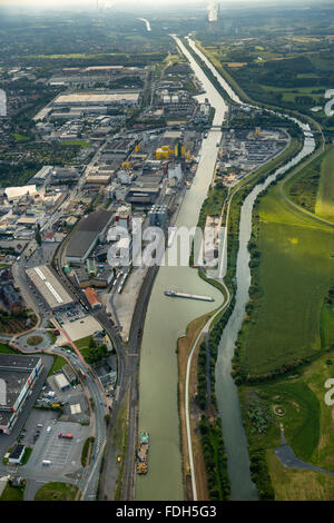 Vue aérienne, avec canal Datteln-Hamm navire d'évitage, bassin de virage, la navigation intérieure, cargo, Marteau, Hamm, port Banque D'Images