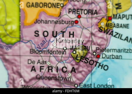 Photo d'une carte du Lesotho et de la capitale Maseru . Banque D'Images