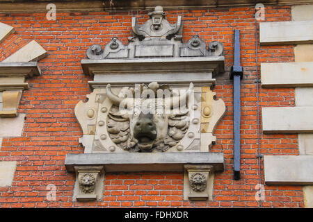 Le ox-tête sur le bâtiment de l'Vleeshal (viande-hall) à la Grote Markt, à Haarlem. Les Pays-Bas Banque D'Images