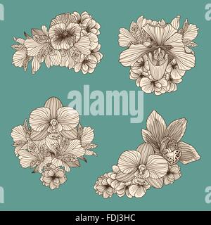 Ensemble de compositions de fleurs vintage sur fond bleu sarcelle foncé Illustration de Vecteur