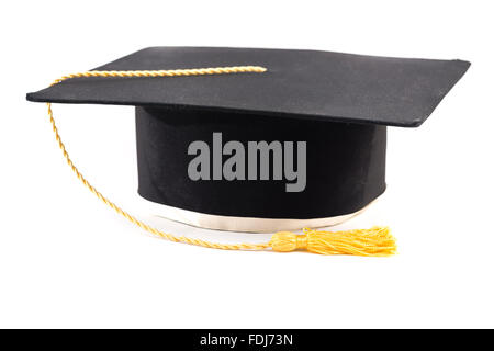 Black graduation hat isolated on white Banque D'Images