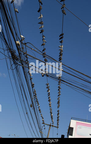 Beaucoup de pigeons sur un enchevêtrement chaotique de fils de téléphone contre un ciel bleu profond avec des nuages Banque D'Images