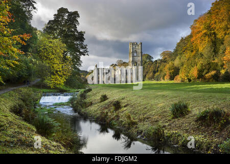 Une vue le long de la rivière Skell en automne vers l'abbaye de Fountains, Yorkshire du Nord, une communauté de moines cisterciens du xiie siècle jusqu'à la dissolution en 1539. C'est la plus grande ruine monastique dans le pays, et un site du patrimoine mondial. Banque D'Images