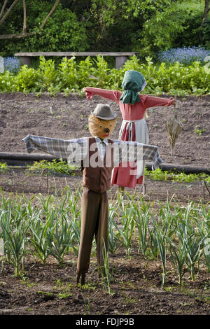 Épouvantails dans le jardin de la maison de l'Apprenti en mai qui fait partie de la Quarry Bank Mill and Styal Estate, Wilmslow, Cheshire. Les enfants pauvres vivaient dans la maison de l'apprenti et a travaillé dans l'usine de coton à la fin du xviiie siècle et ont été en mesure d'augmenter t Banque D'Images