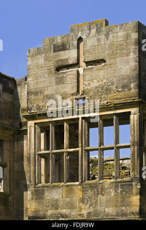 Fermer la vue de détails architecturaux sur la façade de l'hôtel de Gibside, Newcastle upon Tyne. La maison a été construite entre 1603 et 1620, mais le chemin de traverse avec d'énormes remplacé l'étage supérieur en 1805. Banque D'Images