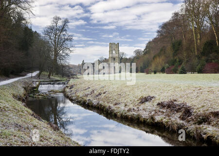 Une vue le long de la rivière Skell en hiver vers l'abbaye de Fountains, Yorkshire du Nord, une communauté de moines cisterciens du xiie siècle jusqu'à la dissolution en 1539. C'est la plus grande ruine monastique dans le pays, et un site du patrimoine mondial. Banque D'Images