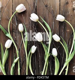 Tulipes et brindilles disposées sur une table en bois Banque D'Images