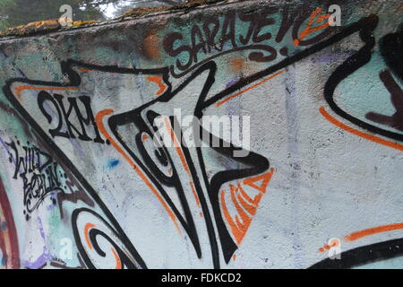 Graffiti sur l'abandonné bobsleigh aux Jeux Olympiques de 1984 de la place dans les montagnes au-dessus de Sarajevo. Banque D'Images