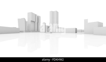 Abstract modern cityscape skyline, modèle 3d isolé sur fond blanc avec un reflet au sol Banque D'Images