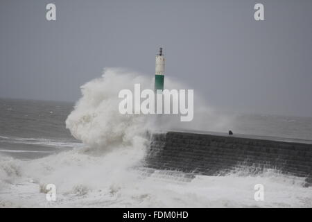 Pays de Galles Aberystwyth UK 2016, d'énormes vagues entraîné par des coups de vent continuer de battre la mer défenses de la côte galloise. Banque D'Images