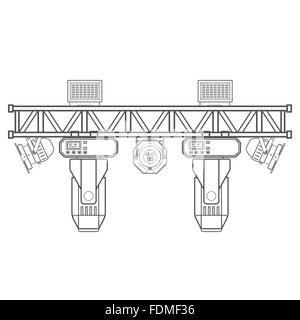 Contour monochrome vecteur cadre métallique scène truss lighting : tête conduit par différents projecteurs UV isolé position wh Illustration de Vecteur