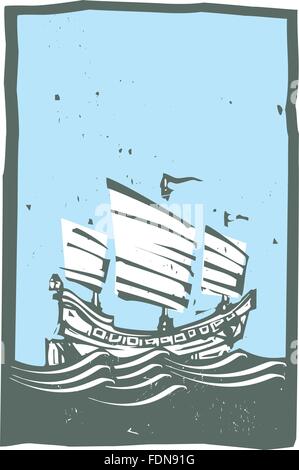Image style gravure sur bois de jonque chinoise de la voile sur l'océan Illustration de Vecteur
