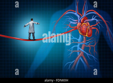 La chirurgie cardiaque concept comme un chirurgien cardiaque à marcher sur une artère sous forme d'un câble métallique à l'leadsing cardiovasculaire intérieur Banque D'Images