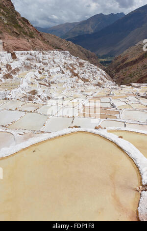 Salina de Maras, le sel des Incas à Maras champ près de Cuzco au Pérou, dans la Vallée Sacrée. Banque D'Images