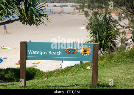 Plage de Wategos sign in Byron Bay, ville balnéaire populaire en Nouvelle Galles du Sud, Australie Banque D'Images