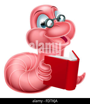Une illustration d'un happy cute cartoon mascot worm caterpillar portant des lunettes et la lecture d'un livre Banque D'Images