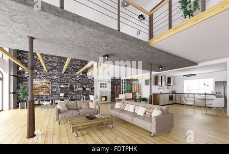 Appartement Loft intérieur, salle à manger, salon, cuisine 3D Rendering Banque D'Images