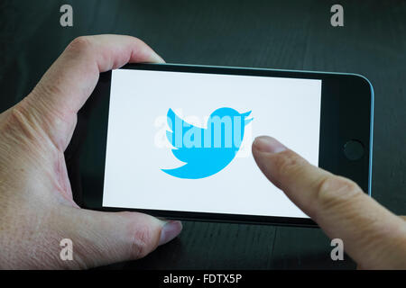 Médias sociaux Twitter logo sur écran d'un téléphone intelligent Banque D'Images