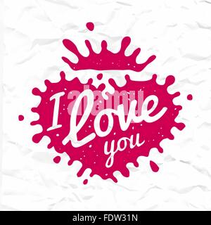 Je vous aime le lettrage en forme de coeur vecteur conception splash. Logo symbole écossais rétro luckenbooth concept. L'encre magenta clair sur fond de papier froissé. Valentine ou mariage t-shirt illustration Illustration de Vecteur