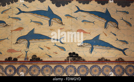 Crète, Knossos, complexe de palais du Minoer, des dauphins, des peintures murales dans le Mégaron de la reine Banque D'Images