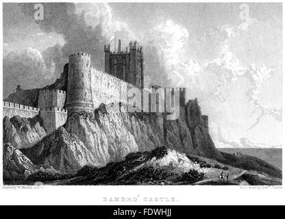 Une gravure du château de Bamburgh numérisées à haute résolution à partir d'un livre imprimé en 1834. Croyait libres de droit. Banque D'Images