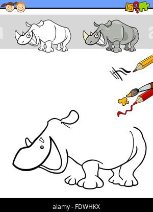 Cartoon Illustration de Dessin et coloriage tâche éducative pour les enfants d'âge préscolaire avec personnage animal rhinocéros Illustration de Vecteur