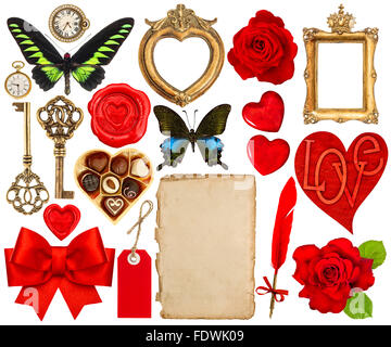 Collection de divers objets pour la Saint-Valentin scrapbook. La page de papier, coeur rouge, cadre photo, fleur, papillon, ruban rouge b Banque D'Images