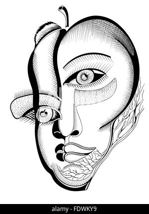 Dessin à la main, visages surréaliste abstract template avec contours noirs, peuvent utiliser pour les affiches, autocollants cartes, illustrations Illustration de Vecteur