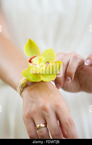 Bracelet bijoutier sur la main de la mariée Banque D'Images