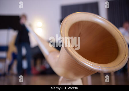 Wartmannsroth, Allemagne. Jan 30, 2016. Monika Caliebe de Hof jouant son cor des Alpes au cours d'un atelier de cor des alpes dans une chambre à la Bayerische Musikakademie (Académie de musique bavaroise) à Hammelburg, Allemagne, 30 janvier 2016. L'instrument est en bois en ce moment de retour. PHOTO : DANIEL PETER/DPA/Alamy Live News Banque D'Images