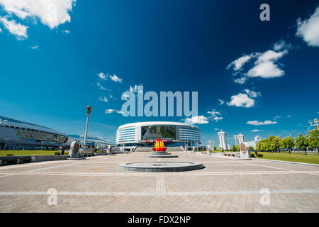 MINSK, BELARUS - 19 mai 2015 : La construction du complexe sportif Minsk Arena à Minsk, en Biélorussie. Banque D'Images