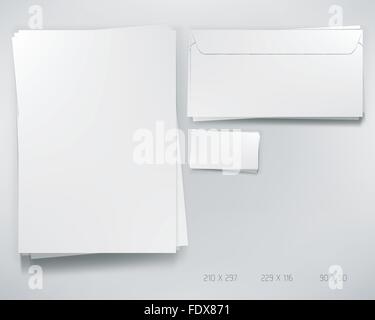 Éléments empilés de papeterie. Maquette de A4 Papier Lettre, enveloppe et carte de visite. Illustration de Vecteur