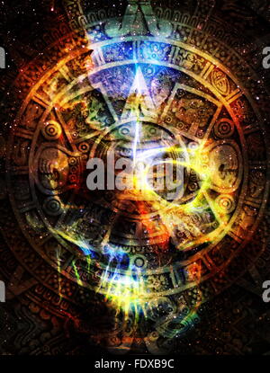 Calendrier Maya et du crâne dans l'espace cosmique avec des étoiles, résumé fond couleur Banque D'Images