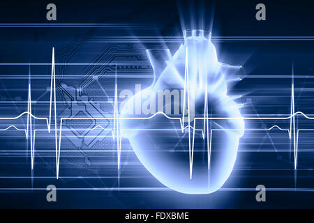 Image virtuelle de coeur humain avec cardiogramme Banque D'Images