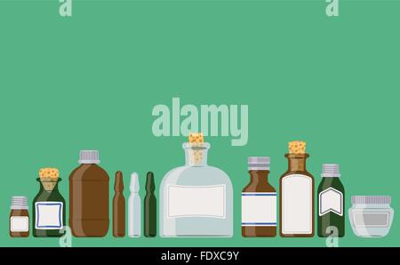 Set : Bouteilles contenants de médicaments dans une rangée comme si debout sur une étagère. Illustration de Vecteur