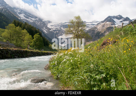 Vue vers le Cirque de Gavarnie Gavarnie et la rivière. Parc National des Pyrénées, les Pyrénées, France. De juin. Banque D'Images