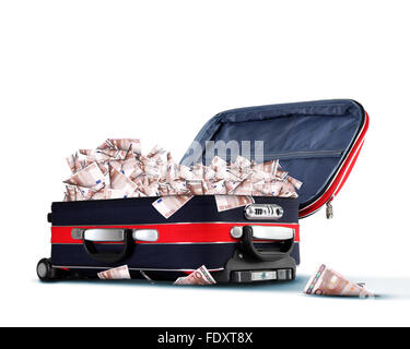 Photo de voyage rouge valise pleine de billets Banque D'Images