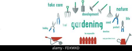Ensemble d'outils de jardinage de l'illustration. Modèle plat en utilisant les couleurs de l'interface utilisateur, entouré par les mots. Illustration de Vecteur
