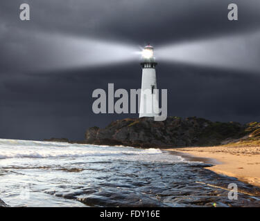 Collage avec phare dans la nuit avec un faisceau de lumière Banque D'Images