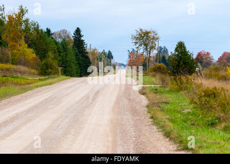 Pays rural vide chemin de terre à l'automne, avec l'orange et le vert des arbres et arbustes, bordée par les Polonais et les boîtes aux lettres. Banque D'Images