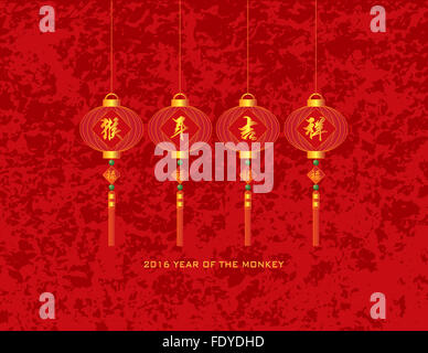 Lanternes rouges avec la calligraphie chinoise texte Bonne Année du singe et bonheur chance mots sur fond rouge Illus Banque D'Images