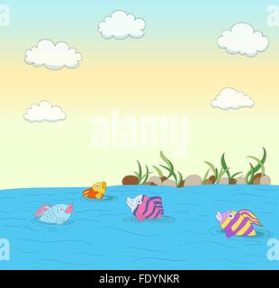 Cute poissons colorés dans un lac avec les pierres, les plantes, le ciel, les nuages de fond Illustration de Vecteur