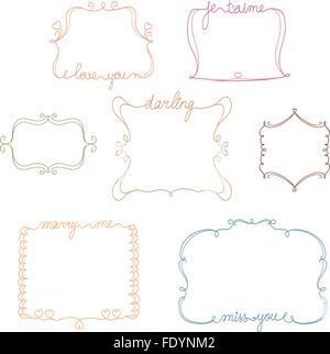 Ensemble de cadres doodle avec amour,miss,se marier message. Simple et mignon hand drawn vector design. Illustration de Vecteur