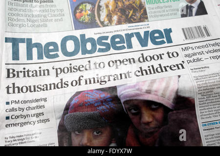 Journal observateur titre "la Grande-Bretagne va ouvrir la porte à des milliers d'enfants migrants" 24 janvier 2016 Londres Angleterre Royaume-Uni Grande-Bretagne Banque D'Images