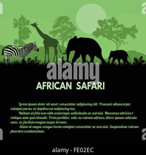 Safari Africain de l'affiche. Silhouettes d'animaux sauvages sur le coucher du soleil et de l'espace pour votre texte, vector illustration Illustration de Vecteur