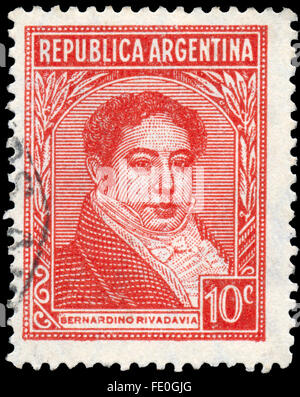 Argentine - circa 1945 : timbre imprimé dans l'Argentine montre Bernardino Rivadavia, le premier président de l'Argentine, 1826 - 18 Banque D'Images