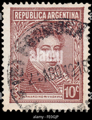 Argentine - circa 1945 : timbre imprimé dans l'Argentine montre Bernardino Rivadavia, le premier président de l'Argentine, 1826 - 18 Banque D'Images